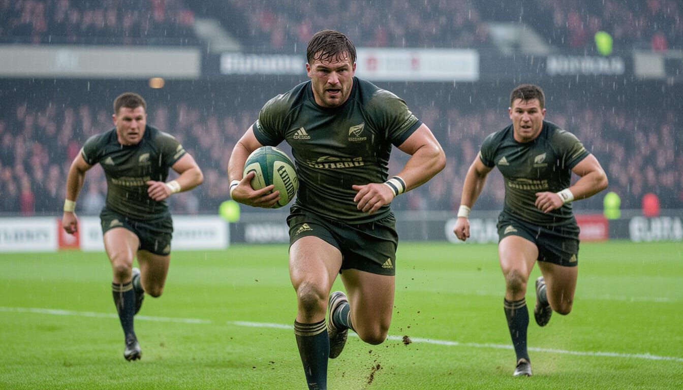 Rugby Player Sprinting Through Muddy Stadium