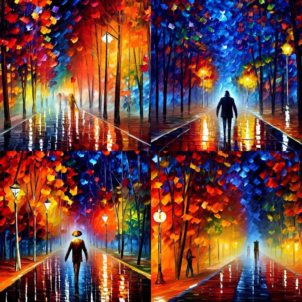 Surreal Autumn God Strolls Rainy Moonlit Street