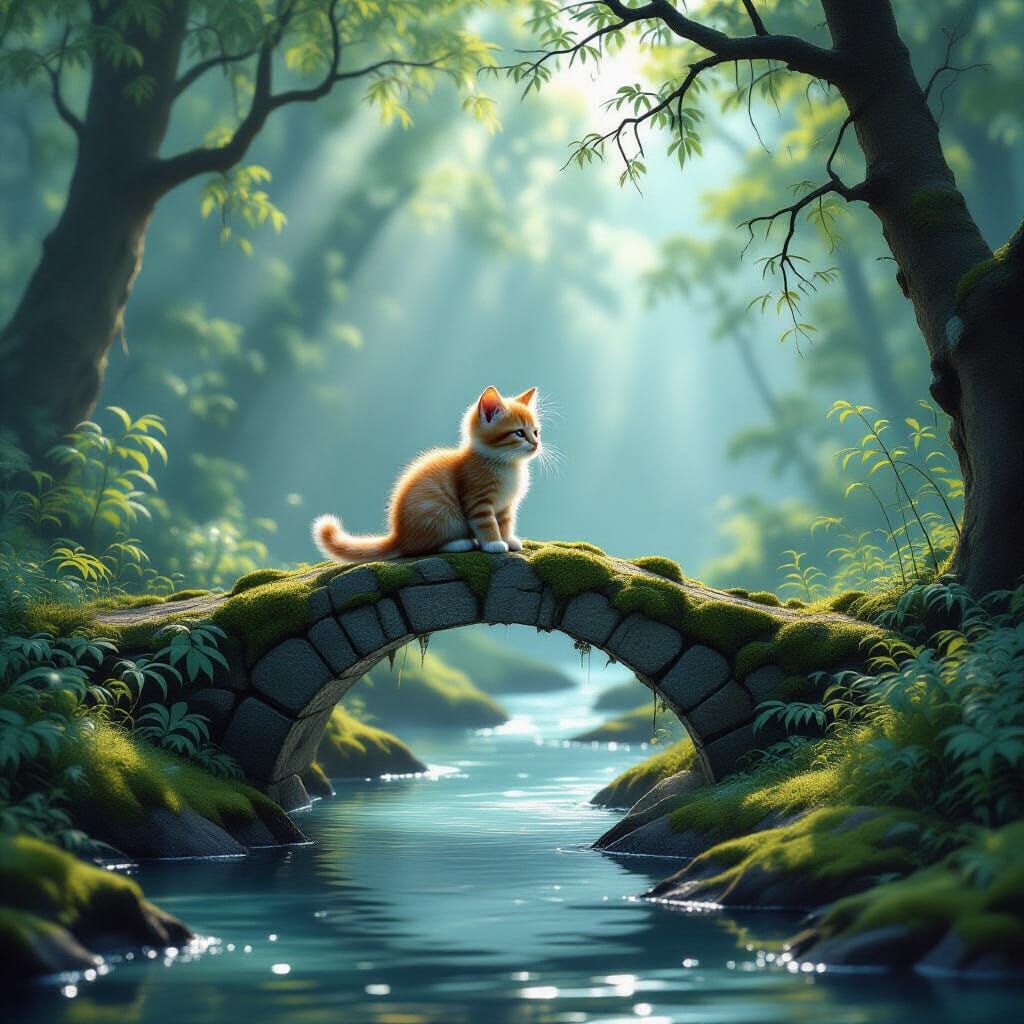 Kitten on Ancient Bridge in Ethereal Forest Glade