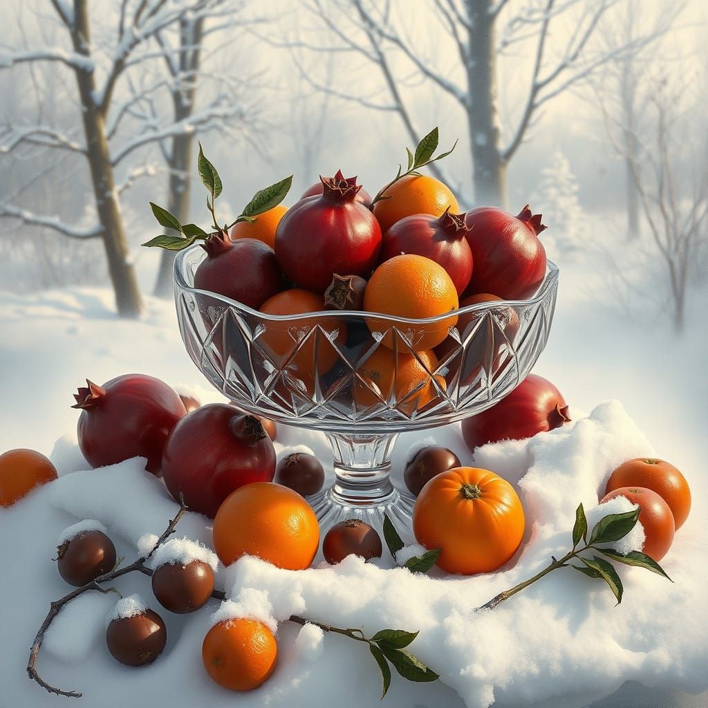 Hyperrealistic Winter Scene with Crystal Glass Bowl and Frui...