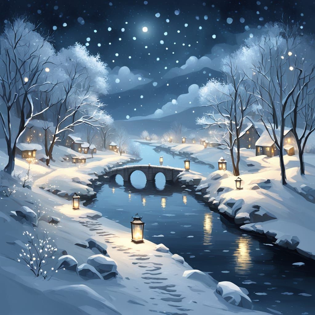 Serene Winter Night Path Illuminated by Lanterns