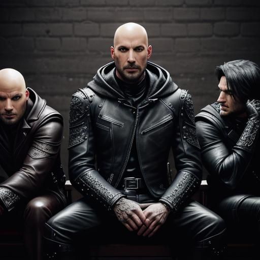 Three Handsome Leathermen in Hyperrealistic Leather Dungeon...