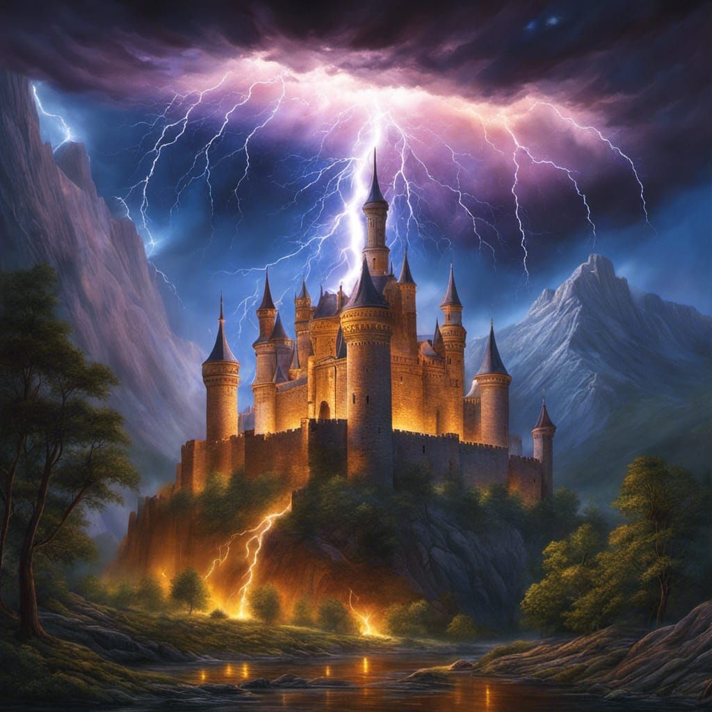Ethereal Castle Amidst a Celestial Lightning Storm