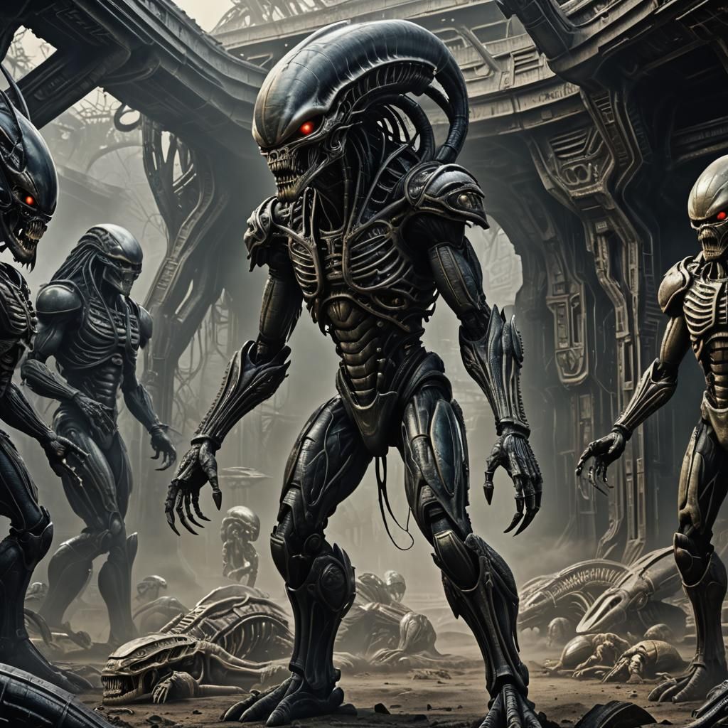 Surreal Alien Metropolis Battles Predator in Futuristic Jung...