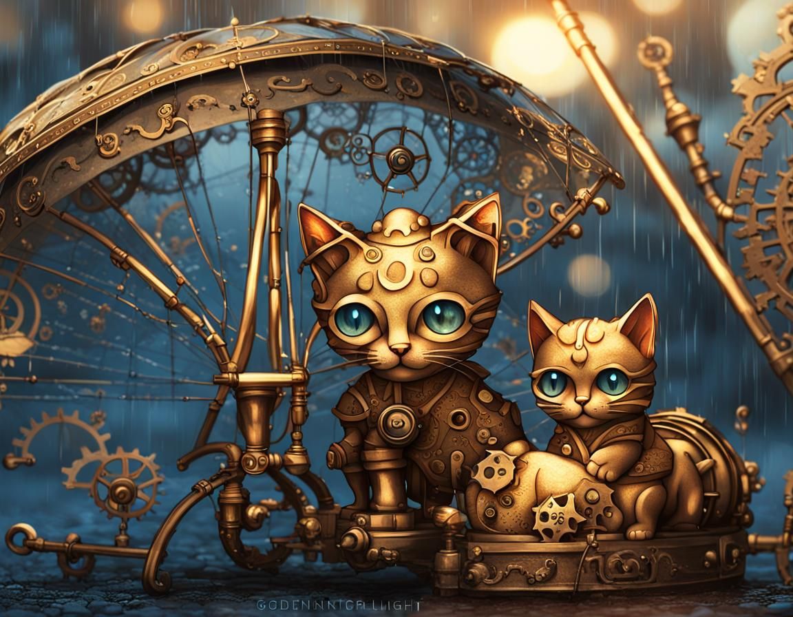 Cats Seek Shelter Under Steampunk Umbrella in Rainy Street S...