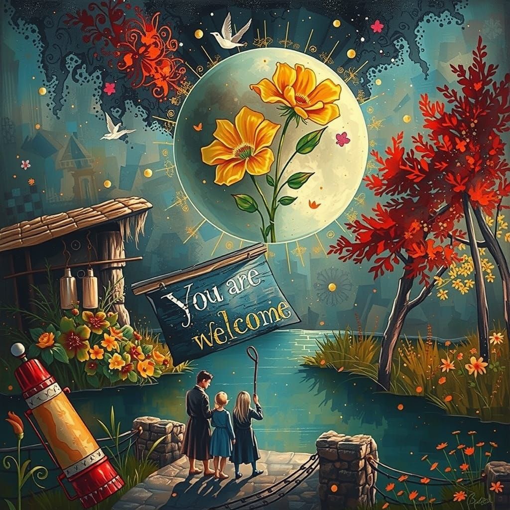 Sweet Kitten Holds Golden Welcome Sign in Whimsical Storyboo...