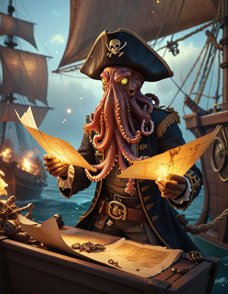 Octopus Pirate on Treasure Hunt, Vivid Digital Art