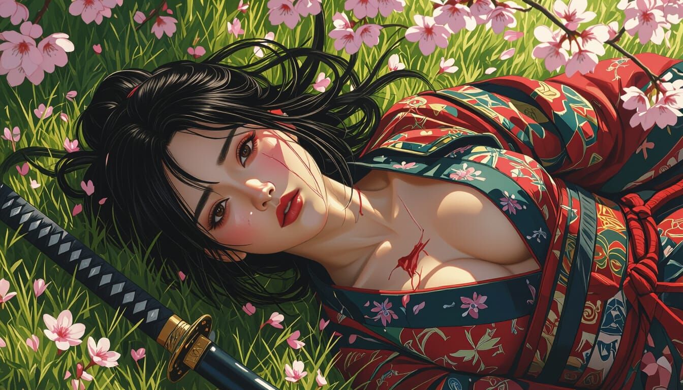 Injured Samurai Woman in Cherry Blossom Garden