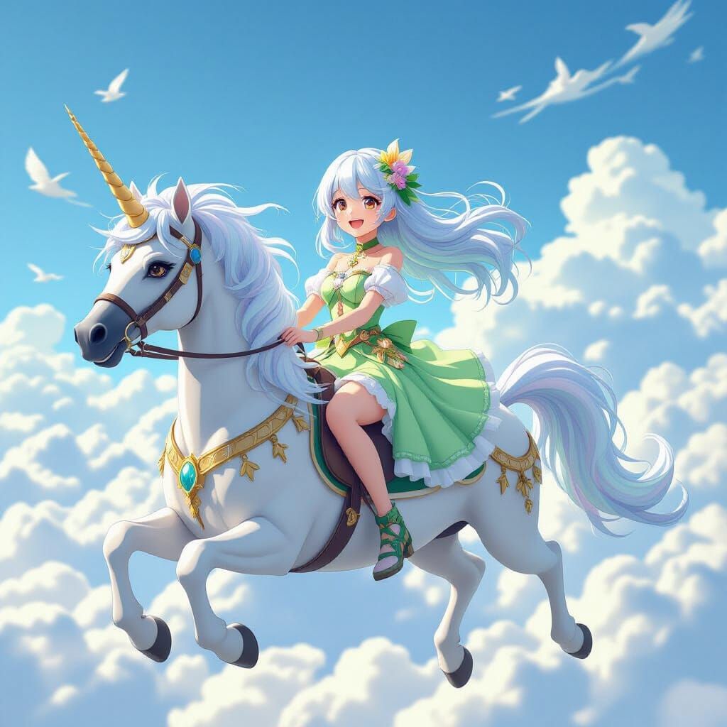 Anime Girl Rides Winged Unicorn in 3D Style
