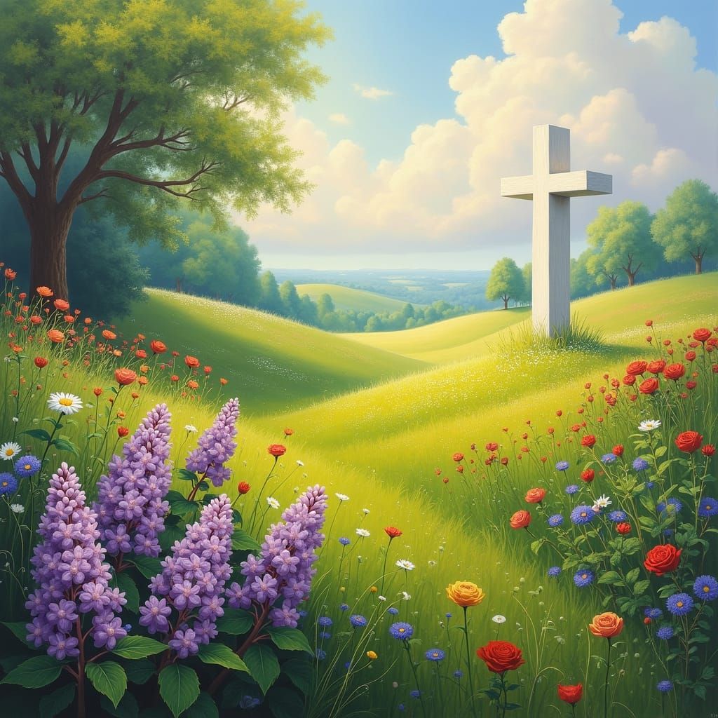 Serene Field with Lilacs, Red Roses, and White Cross in Drea...