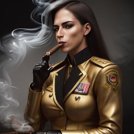 Female Military Officer in Gold Leather Uniform Smokes Cigar