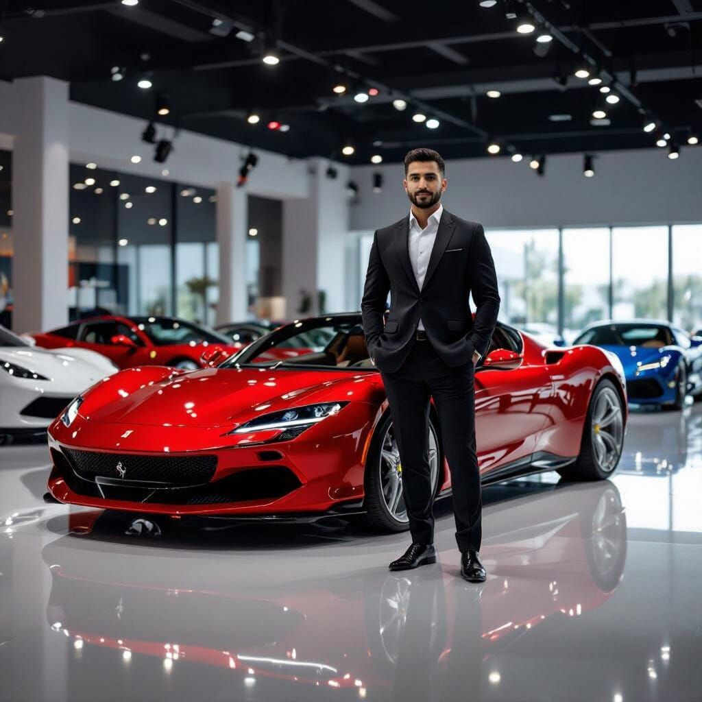 Arab Businessman and Ferrari in Showroom