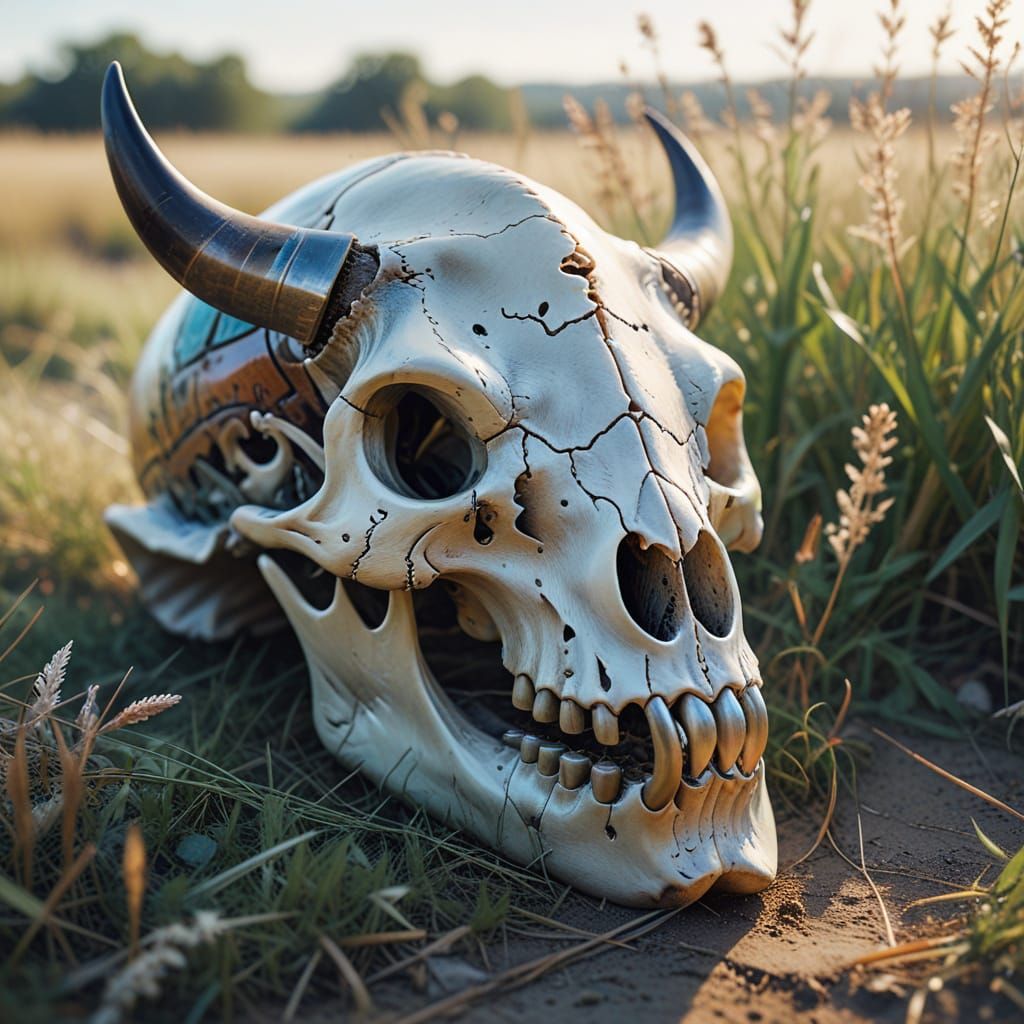 Photorealistic Prairie Scene with Bison Skull in Warm Light