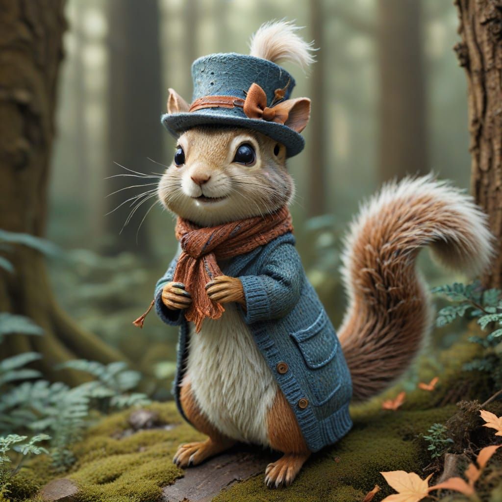 Squirrel Rides Cat in Whimsical Forest