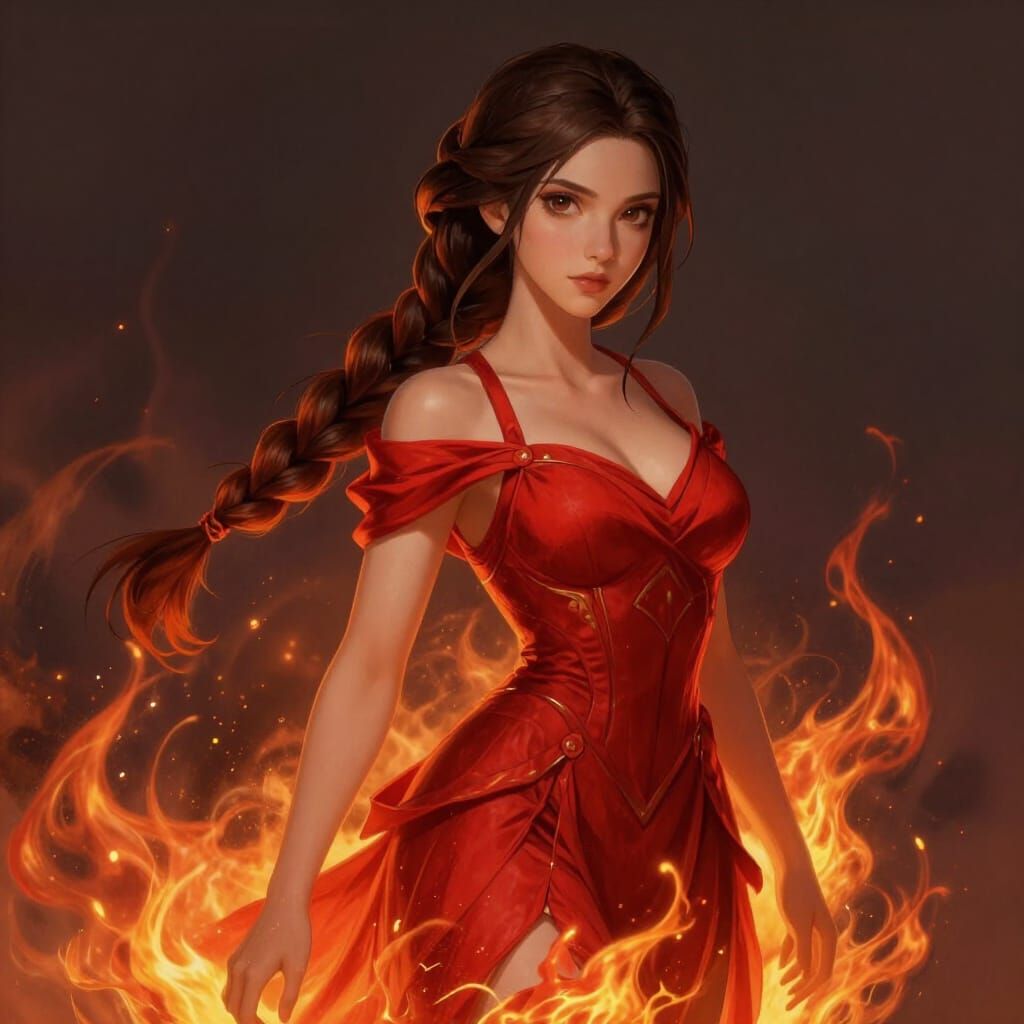 Fiery Red Dress Girl in Fantasy Concept Art Style
