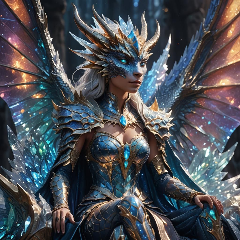 Majestic Dragon Queen on Crystal Throne in Vibrant Fantasy A...