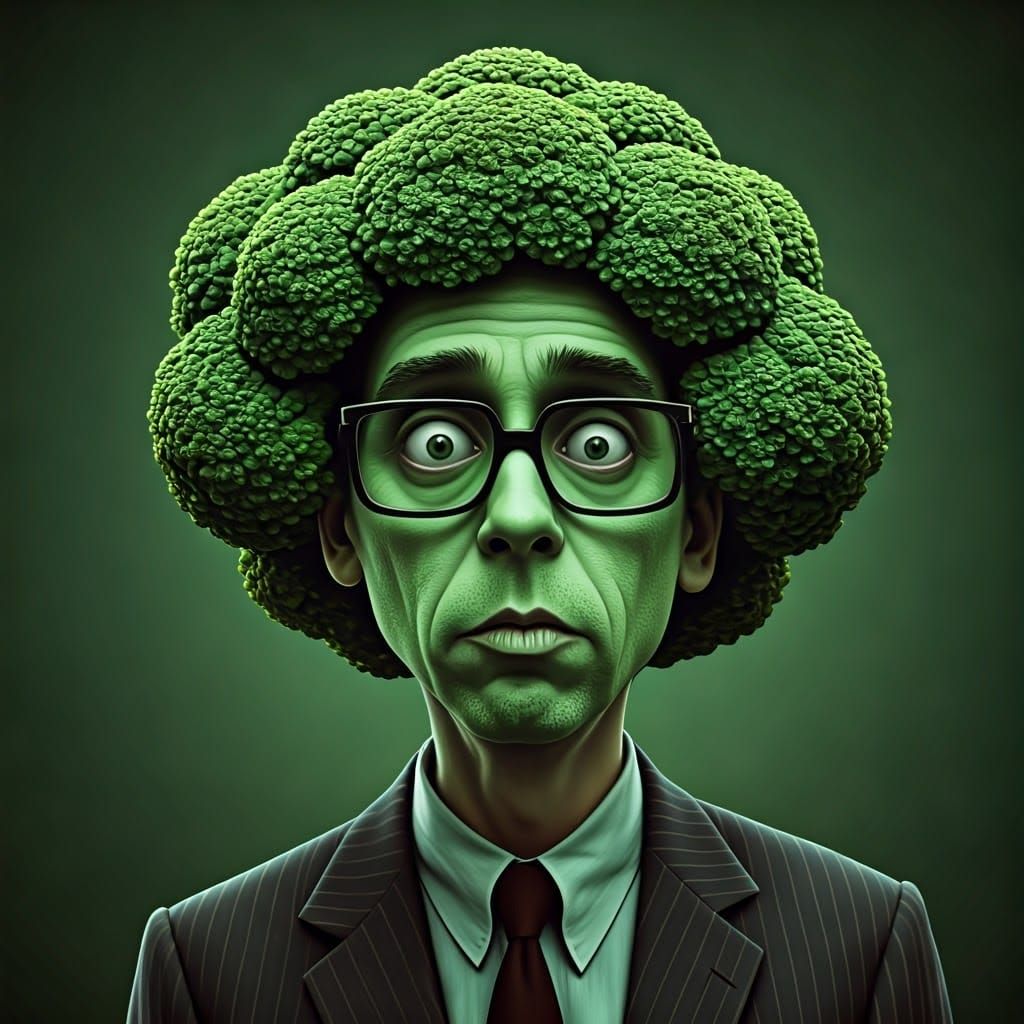 Whimsical Broccoli Hero in Tim Burton-Inspired Art