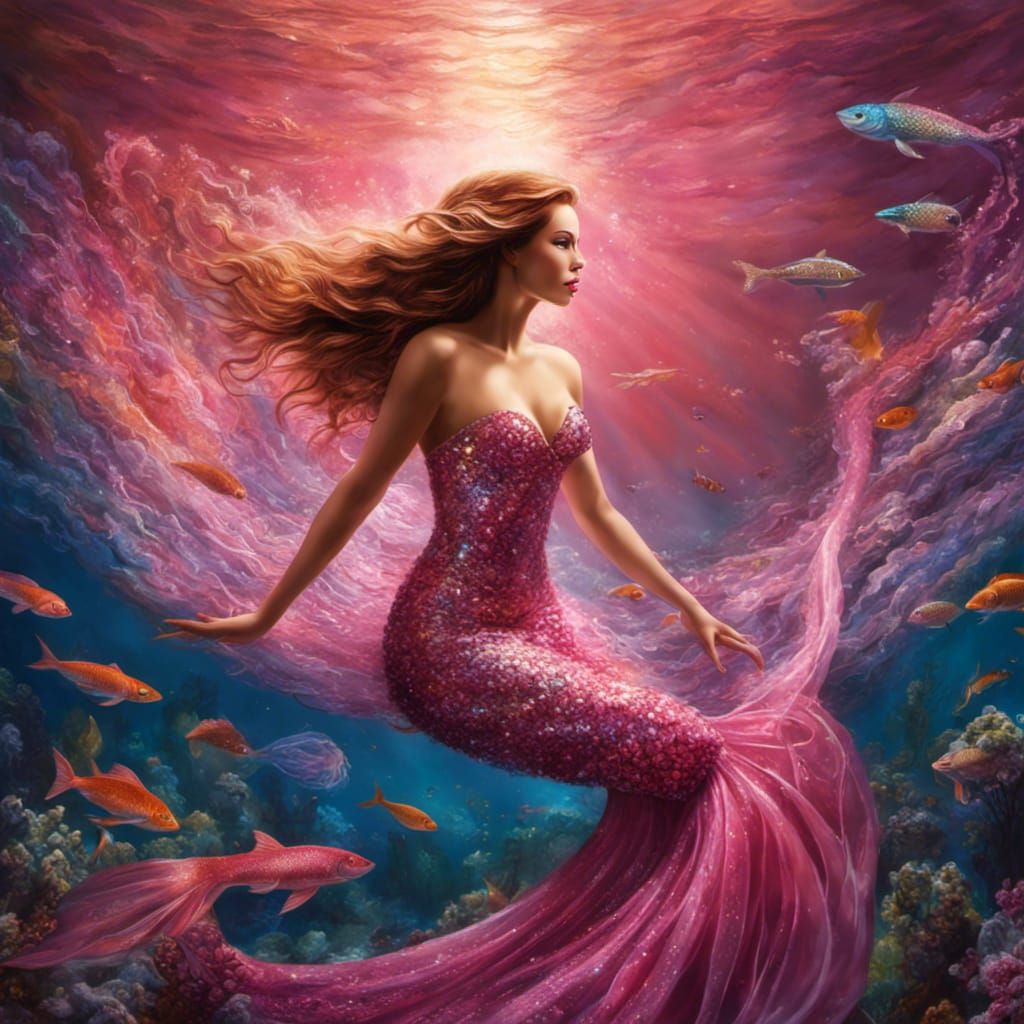 A beautiful Mermaid with long flowing pink tail...