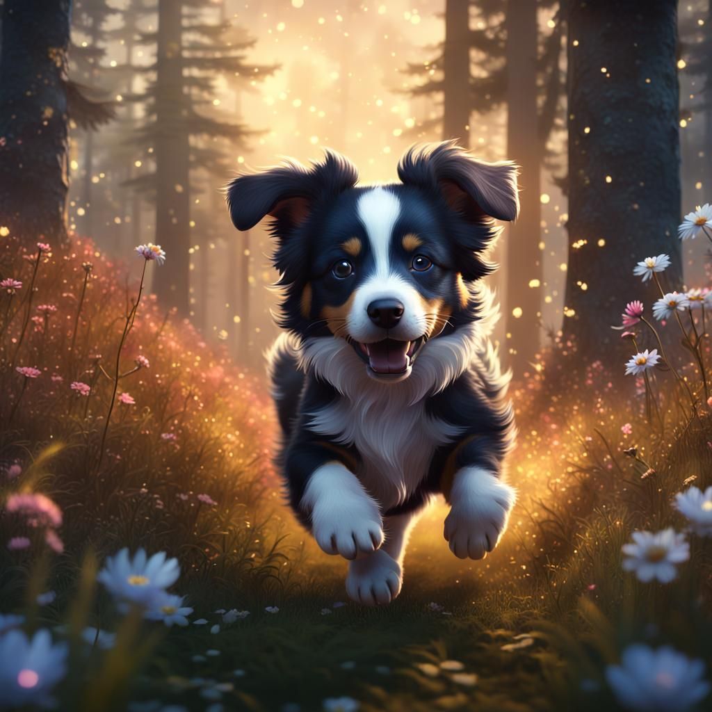 Whimsical Black and White Puppy Exploring Enchanted Forest