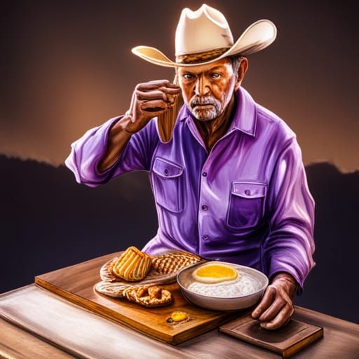 purple cowboy eating breakfast