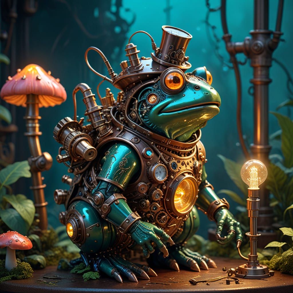 Steampunk Bullfrog Automaton in Whimsical Garden Setting
