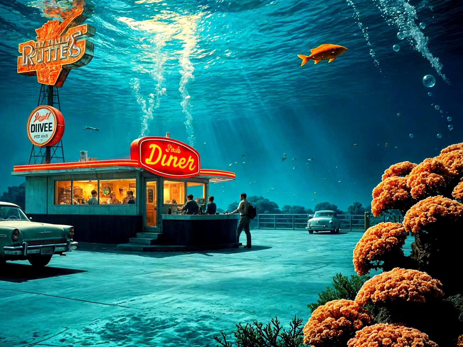Underwater Diner Scene in Retro Style