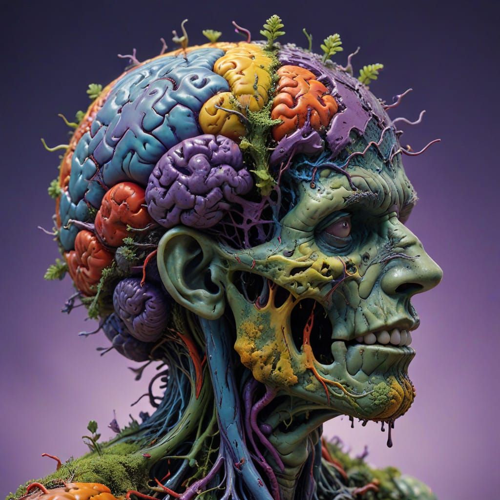 Hyperrealistic Moldy Brain Portrayed in a Splash of Color