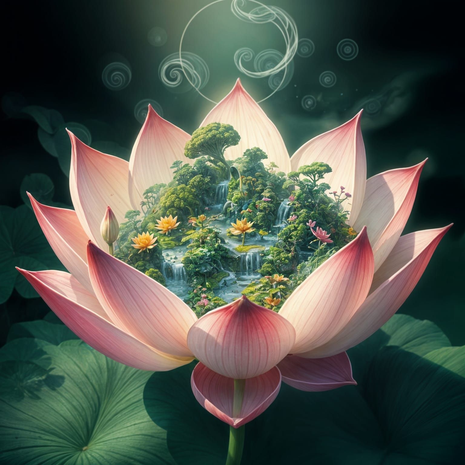 Lotus flower with delicate, swirling petals, each containing...