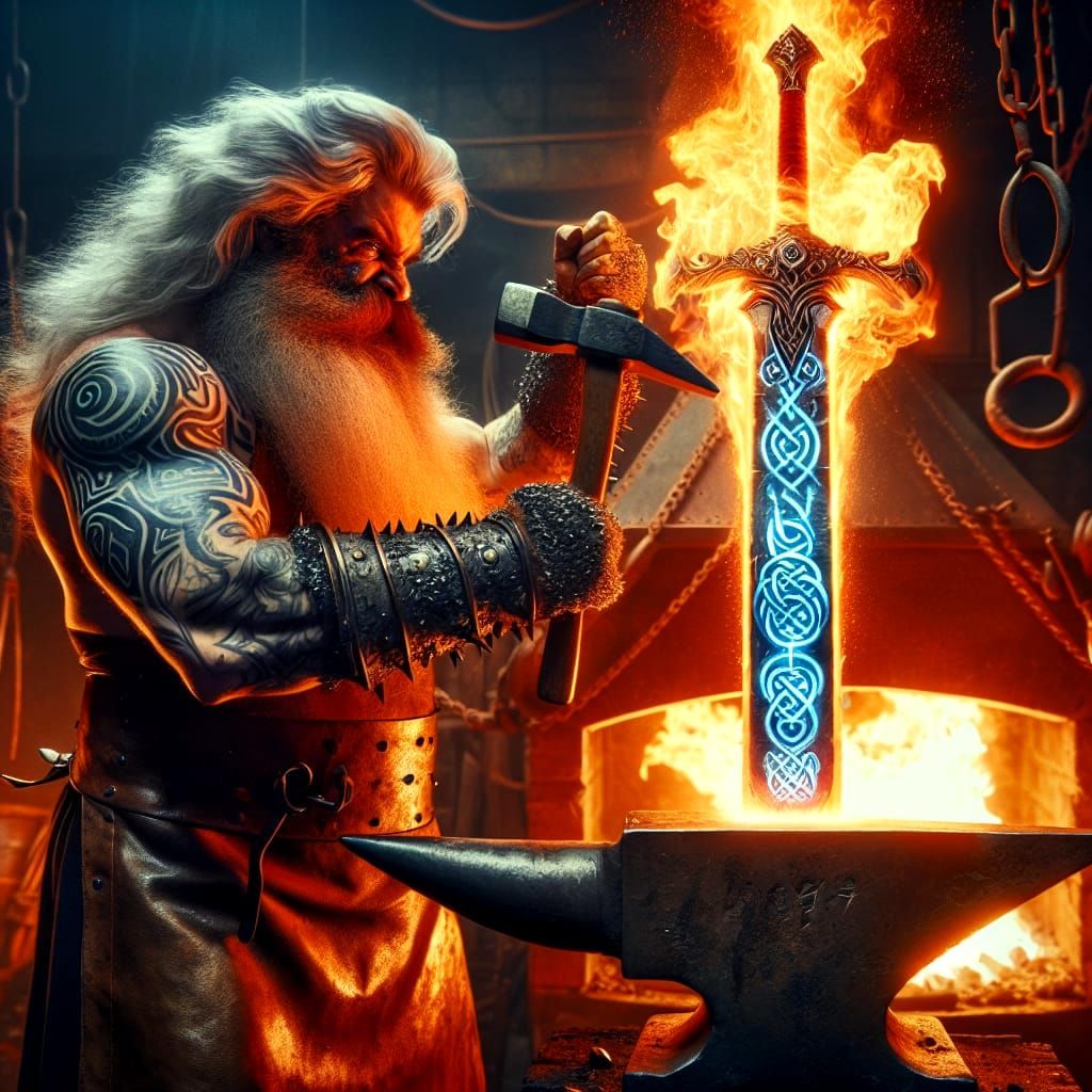 Dwarf Blacksmith Forges Flaming Magic Sword in Intense Smith...