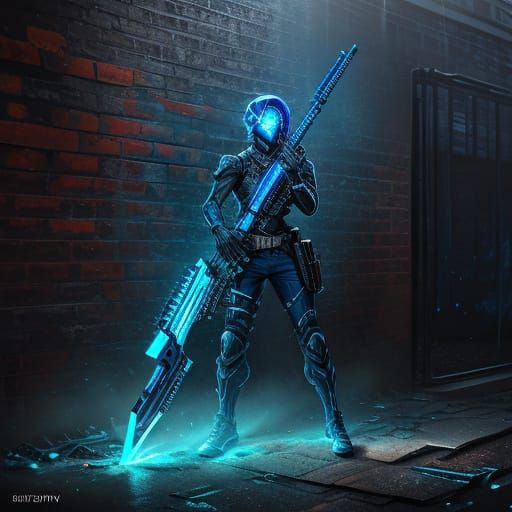 Neon Blue Shotgun Rests on Urban Decay Wall