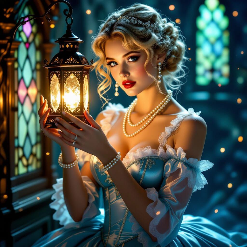 Victorian Noblewoman with Lantern in Ethereal Glow