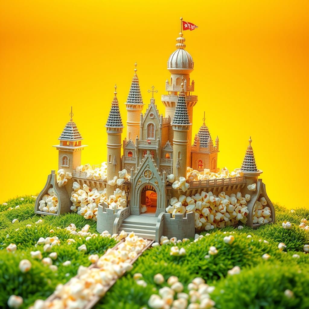 Popcorn Kernel Castle in Whimsical Miyazaki Style