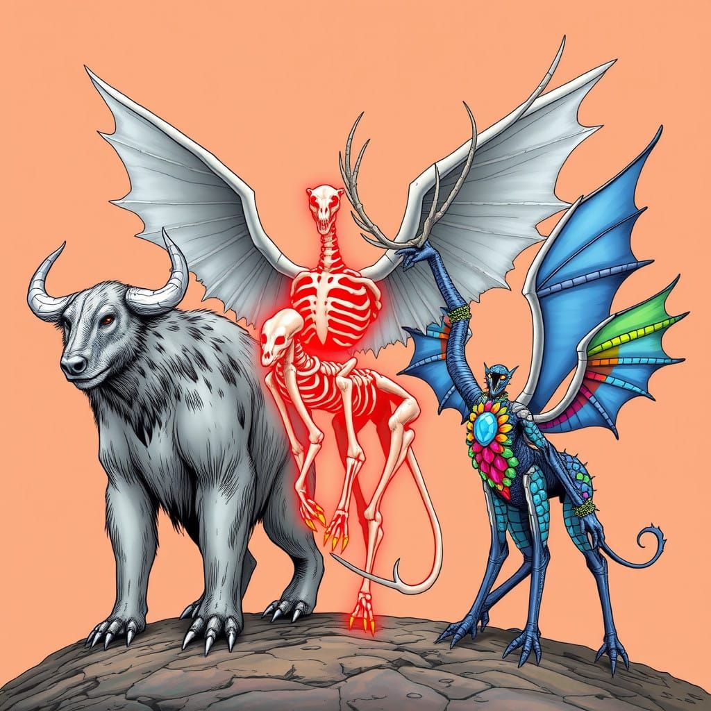 Mythical Winged Beasts in Vibrant Artistic Style