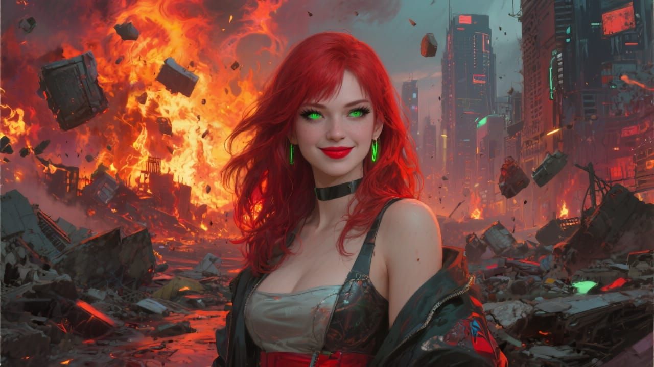 Vibrant Woman in Cyberpunk Hellscape