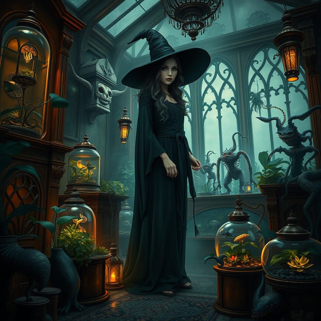 Mystical Witch Amidst Menacing Botanicals in Steampunk Conse...