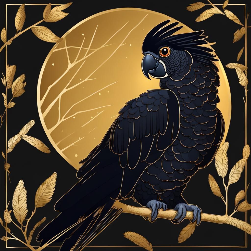 Sultry Red Tailed Black Cockatoo Emerges in Gold Outline