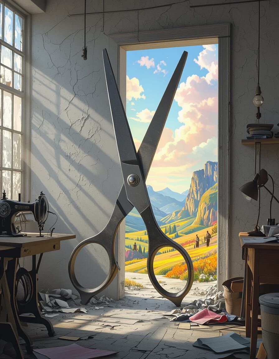 Giant Scissors Cut Through Reality, Revealing Abstract World