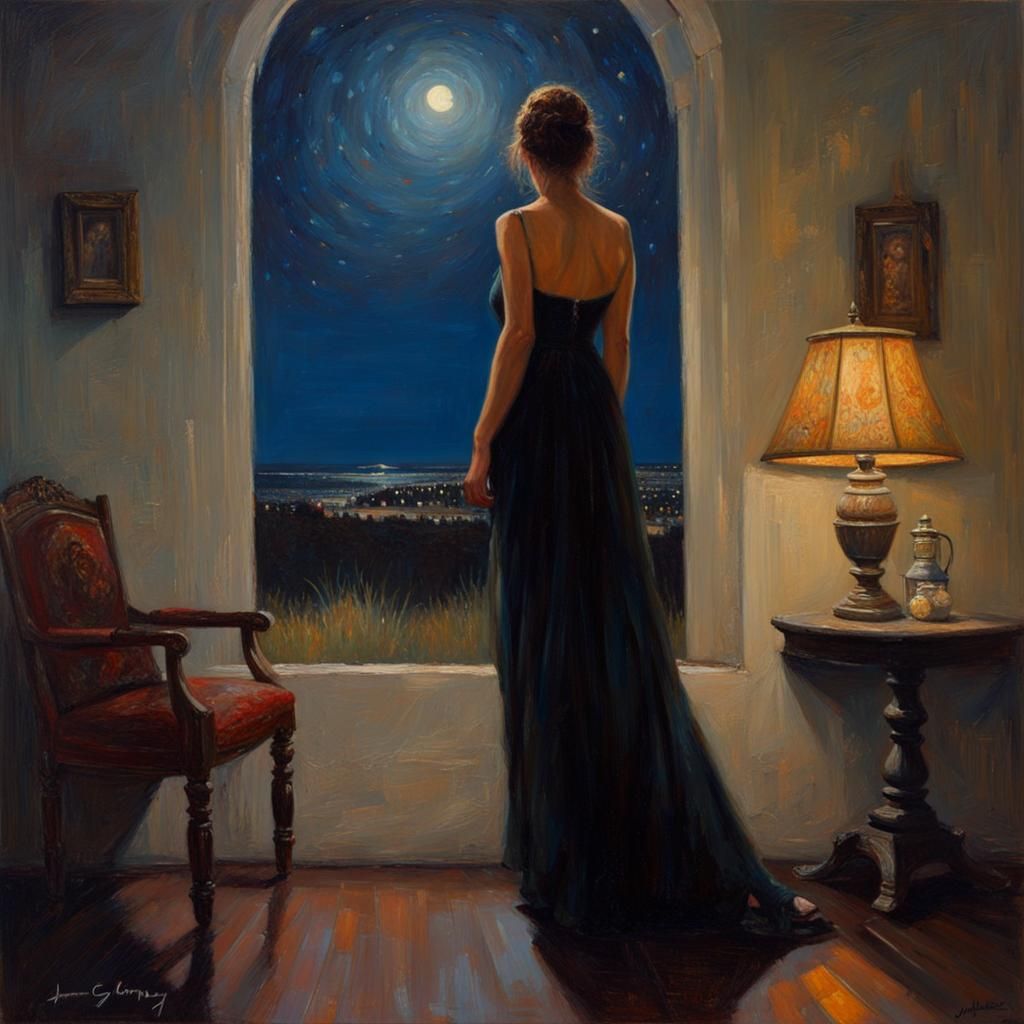 Girl Enchanted by Night Portrait in Oil