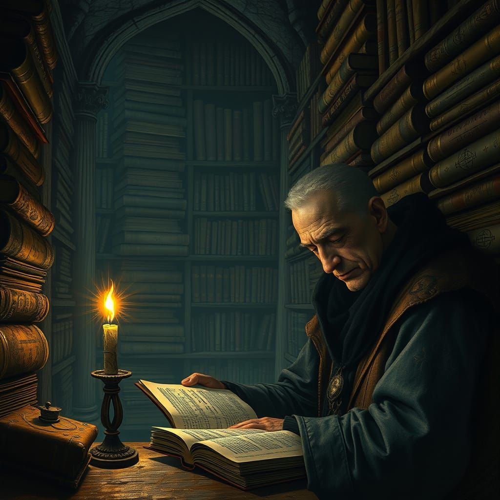 Gothic Scholar in Ancient Library by Candlelight