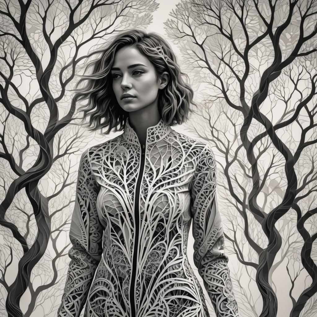 Geometric Black and White Portrait with Intricate Fractals