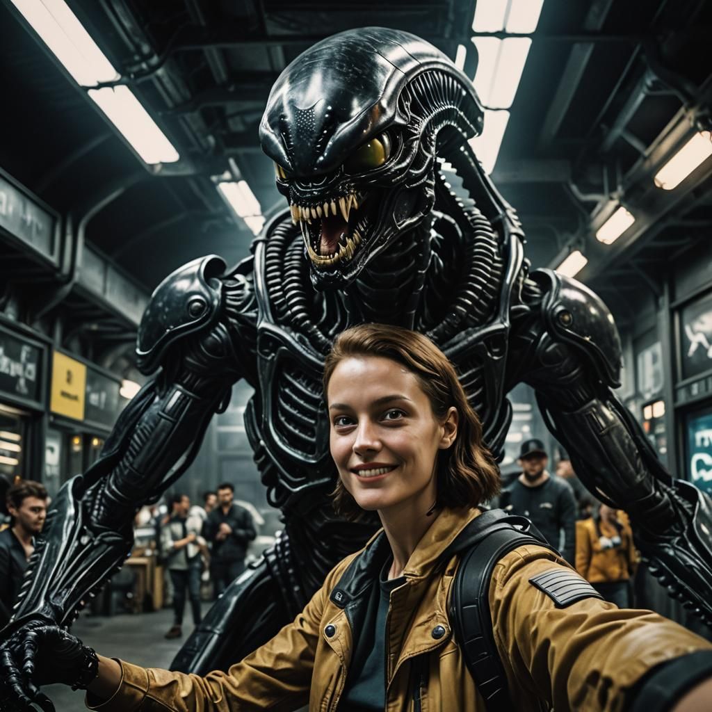 Alien Encounter: Trendy Couple Meets Xenomorph in Cinematic....