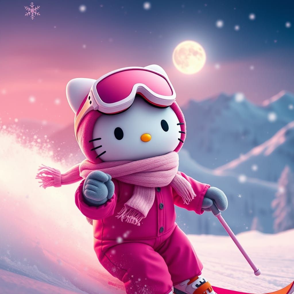 Hello Kitty Skis Down Mountainside Under Moonlit Sky