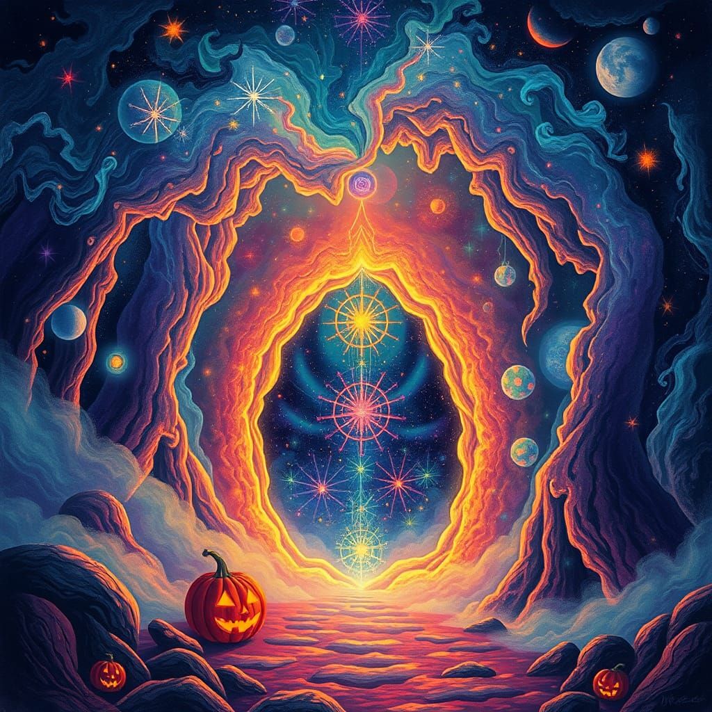 Mystical Astral Realm on a Dark Halloween Night in Vibrant,...