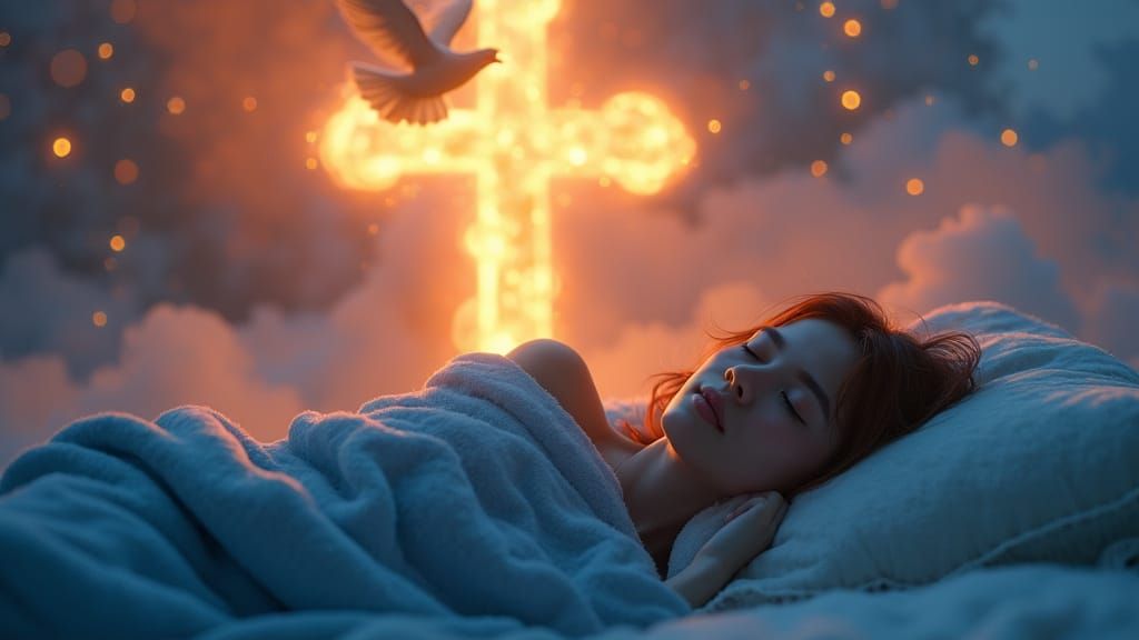 Serene Dream: Woman on Cloud with Fiery Cross
