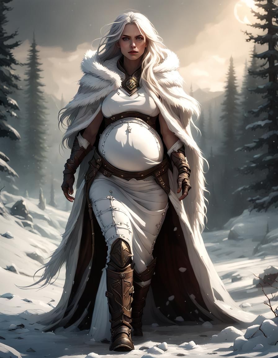 Pregnant Ranger on Snowy Road: Dark Fantasy Art