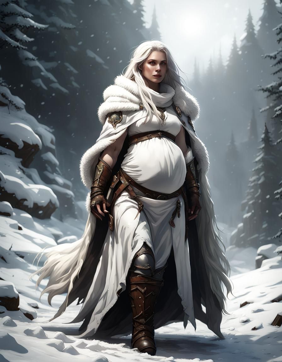Pregnant Ranger on Snowy Road, Dark Fantasy Art