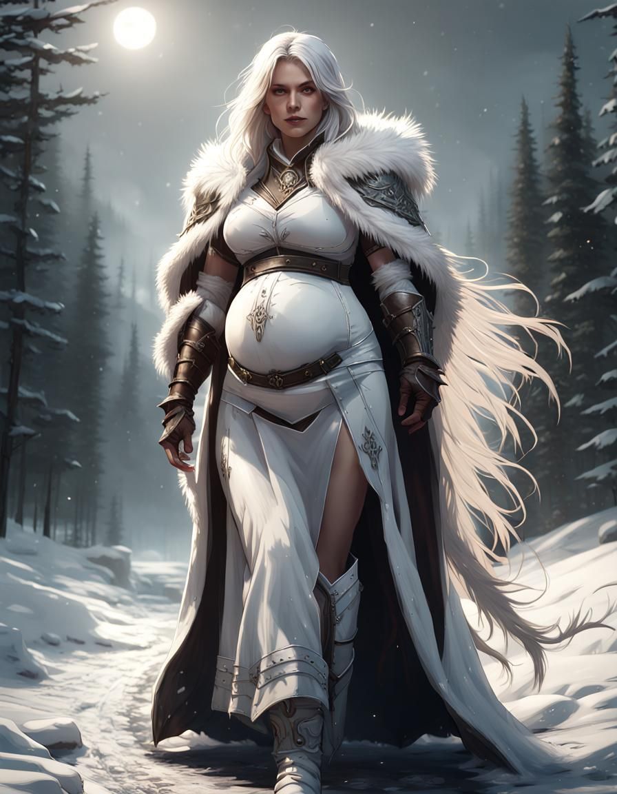Pregnant Ranger on Snowy Road in Dark Fantasy Style