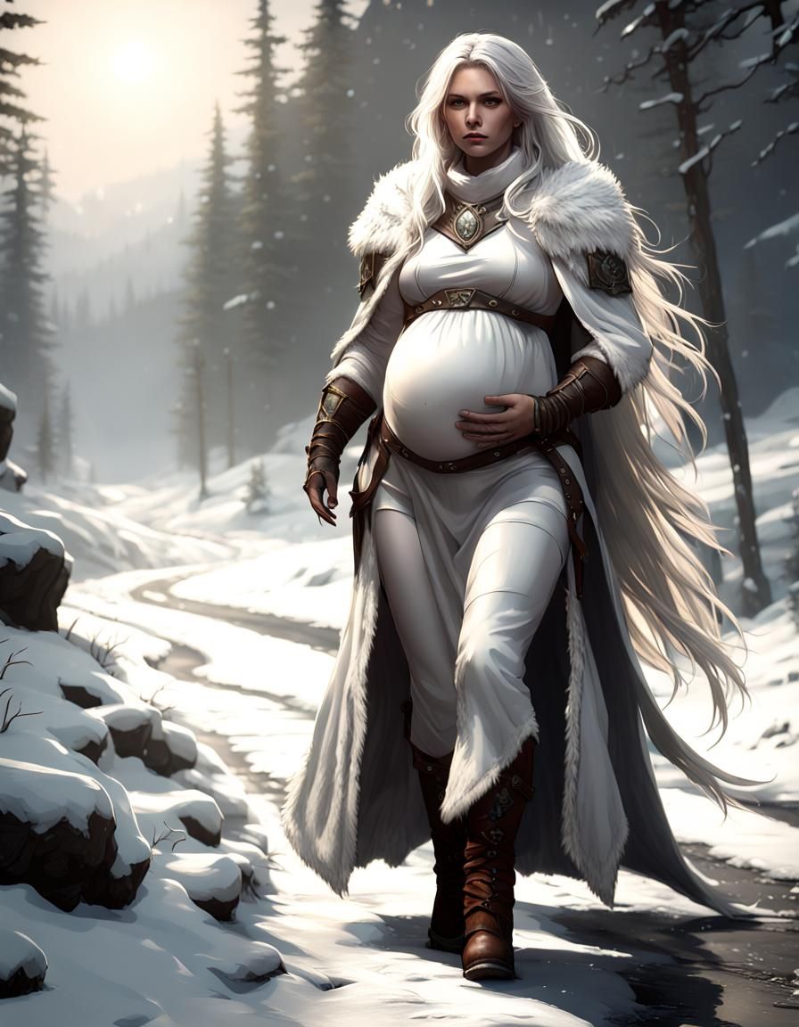 Pregnant Ranger on Snowy Road: Dark Fantasy Art