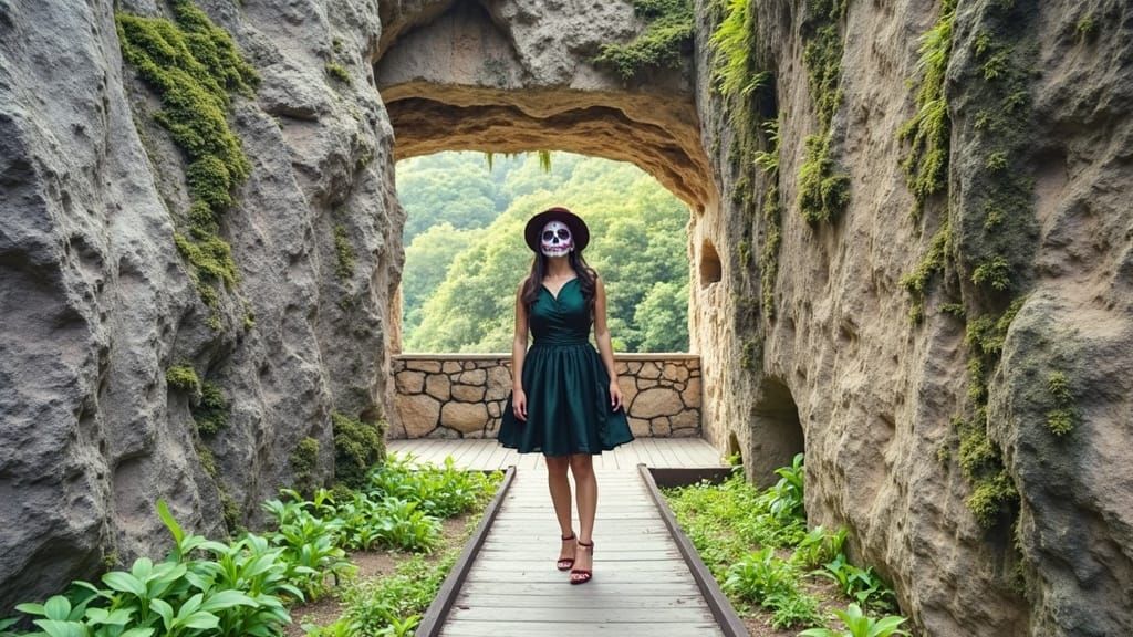 Photorealistic Woman in Skull Makeup at Ancient Archway