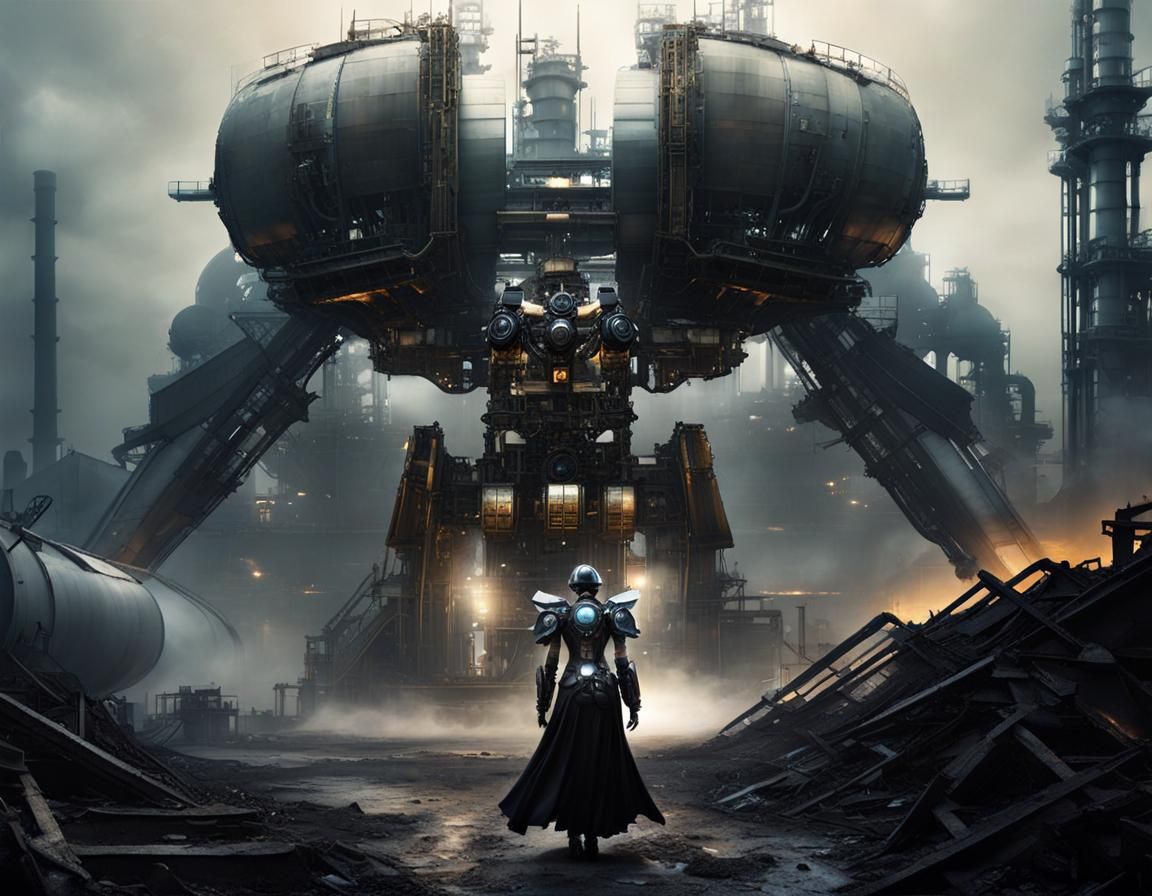 Cyborg Angel in Desolate Wasteland Dystopia